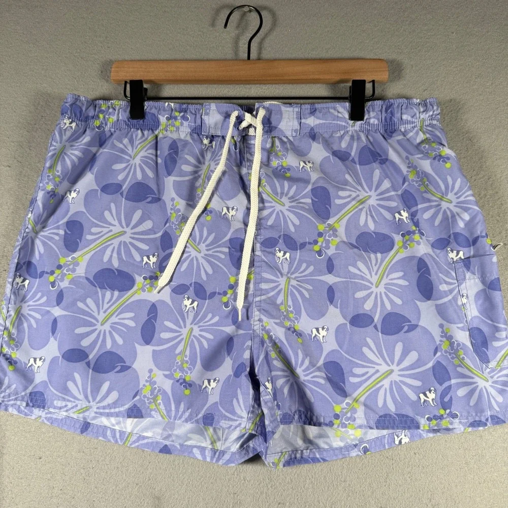 Big Dogs Mens XL Purple Tropical Floral Dog Print Swim Trunks Board Shorts 30-38